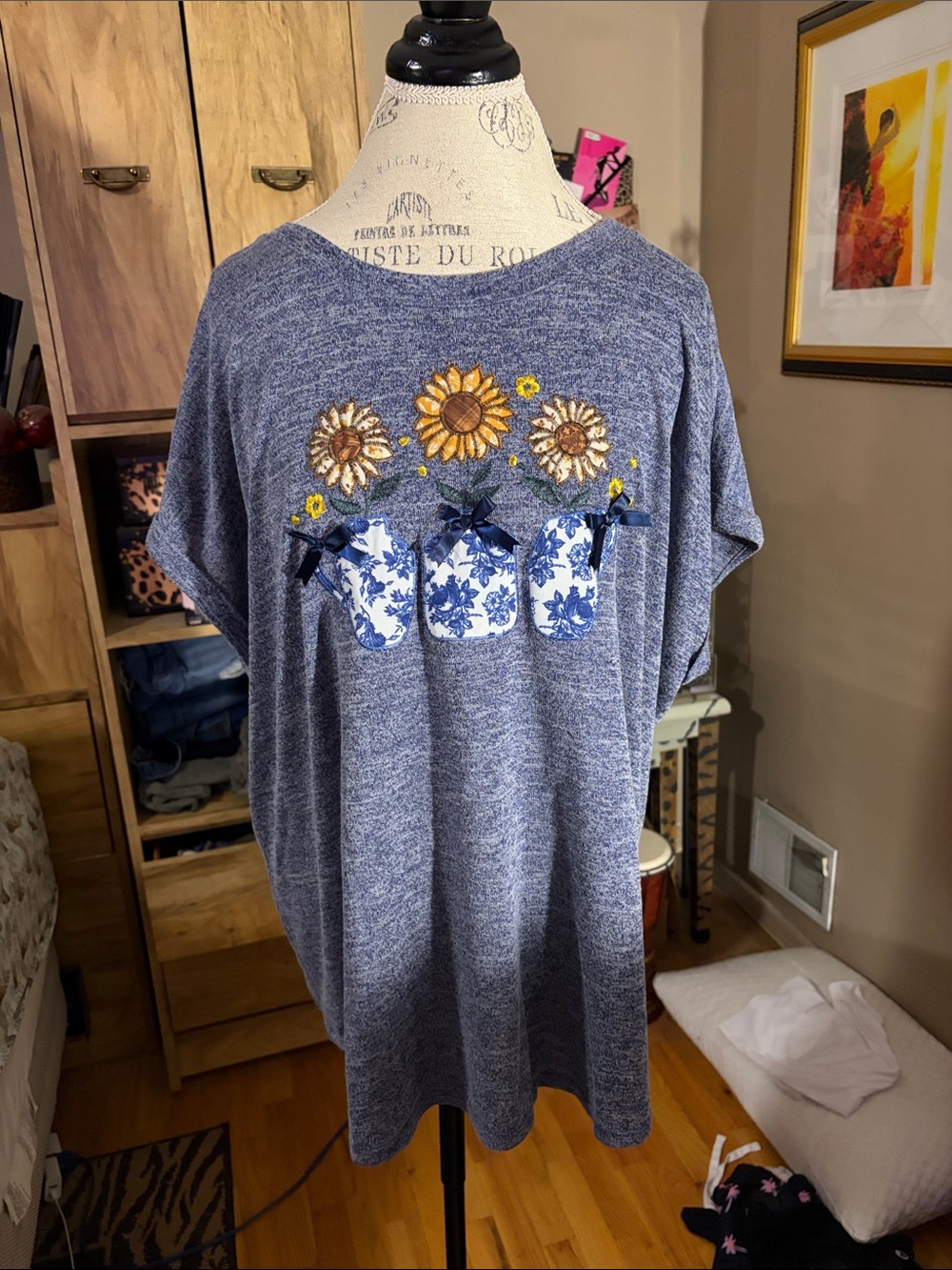 Blue Sunflower Embroidered Short Sleeve Women's Top - 2X